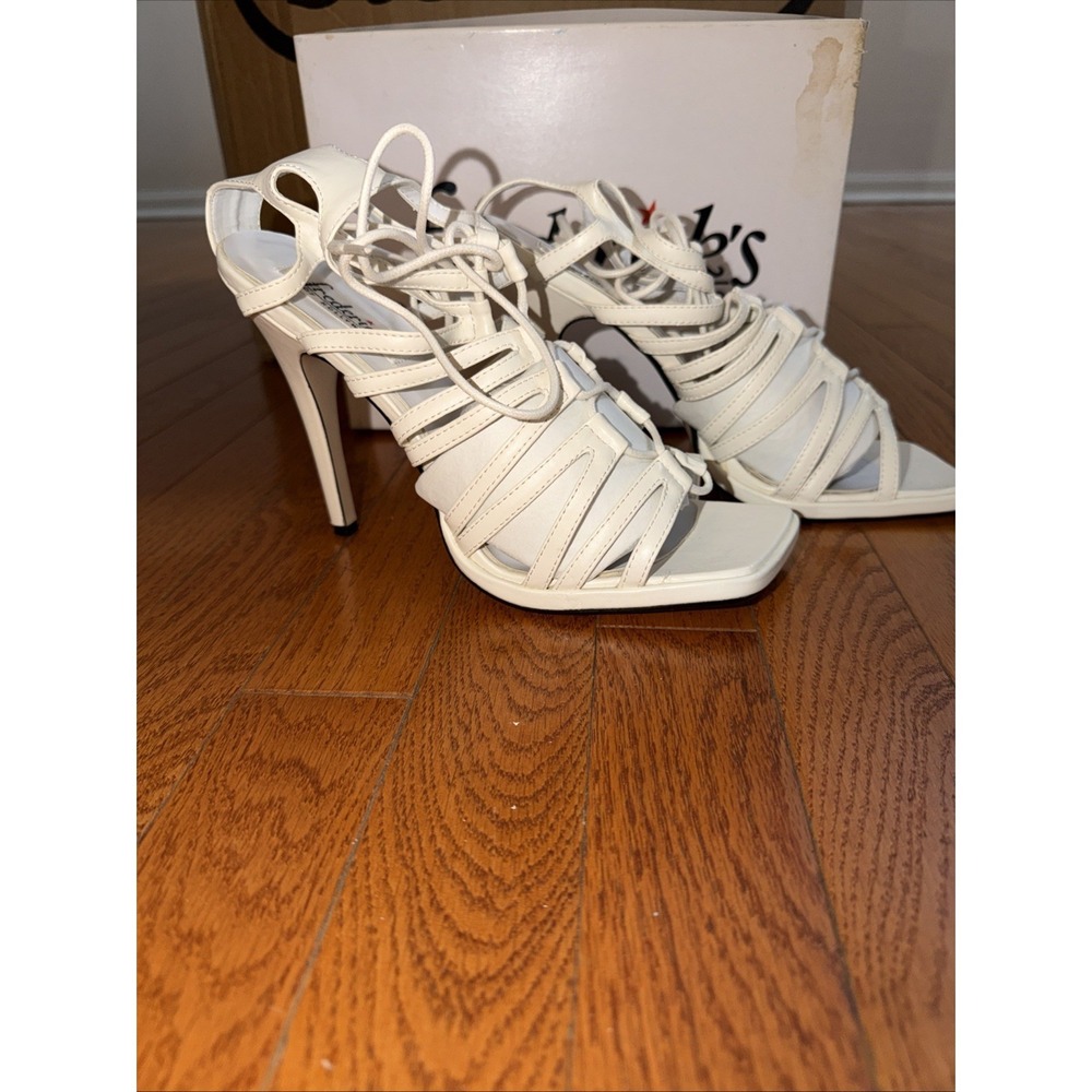 Fredericks Of Hollywood Square Toe Heels Y2K White Tie Up Strappy Caged 10